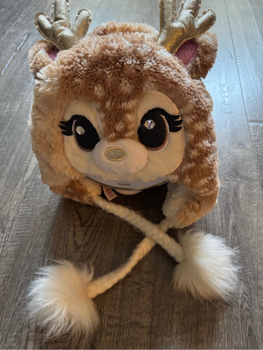 Justice Brown and White Deer Plush Earflap Hat with Gold Antlers